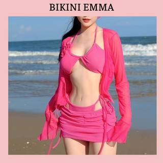 Set Bikini 4 Món Thiết Kế EMMA Kèm Tag Hoa Gồm Áo bikini + Quần Tam Giác + Váy Quây + Áo Khoác (Video Khách EMMA)