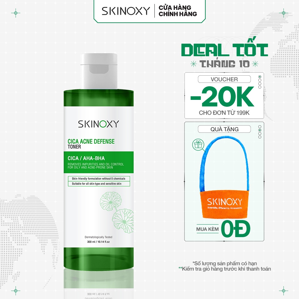 Nước cân bằng và làm dịu da chiết xuất rau má Skinoxy Cica Acne Defense Toner – 300ml