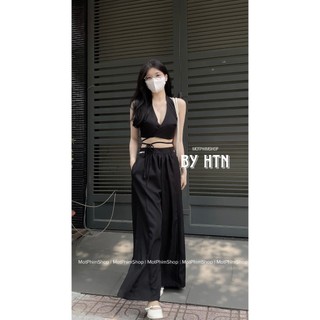 Áo croptop chéo và quần ống rộng, tini set