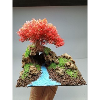 Tiểu cảnh Cây Gỗ Lũa Bonsai bám trên hang đá dành cho bể cá cảnh, bể thủy sinh. Phù hợp với bể cá 25 đến 40 cm
