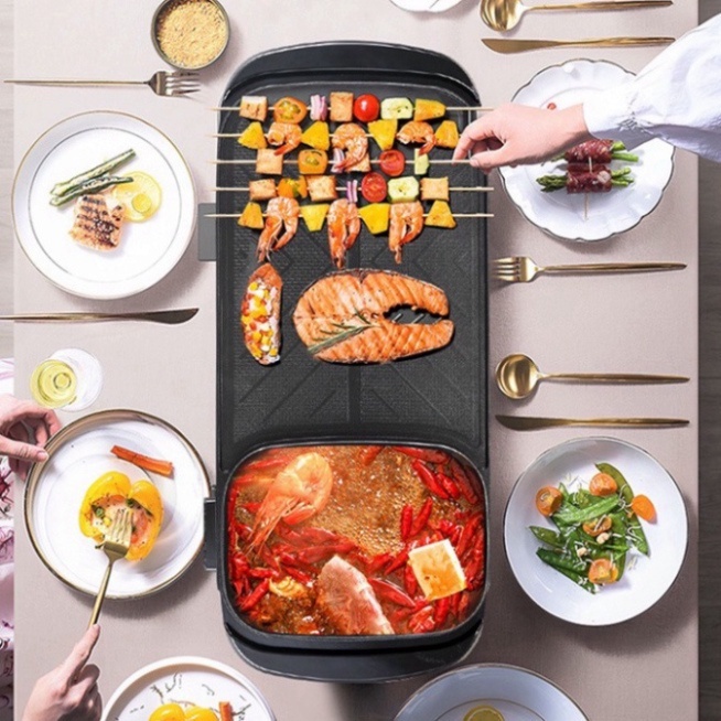 Bếp Lẩu Nướng Đa năng 2 trong 1, Công suất 1300W Bề Mặt Chống Dính Truyền Nhiệt Nhanh, Ăn Nướng Kèm Ăn Lẩu