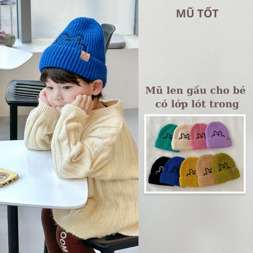 Mũ Len Trùm Đầu Đủ Màu Gấu HITI Giữ Ấm Tốt Cho Bé - 2 lớp - Từ 1-10 tuổi Phong Cách Hàn Quốc