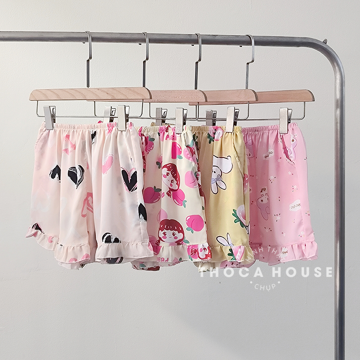 Đồ bộ pyjama mặc ngủ dễ thương áo bèo quần đùi viền ren THOCA HOUSE vải mỏng mát mặc thoải mái