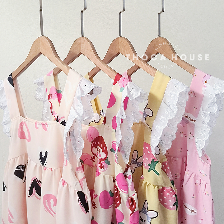 Đồ bộ pyjama mặc ngủ dễ thương áo bèo quần đùi viền ren THOCA HOUSE vải mỏng mát mặc thoải mái