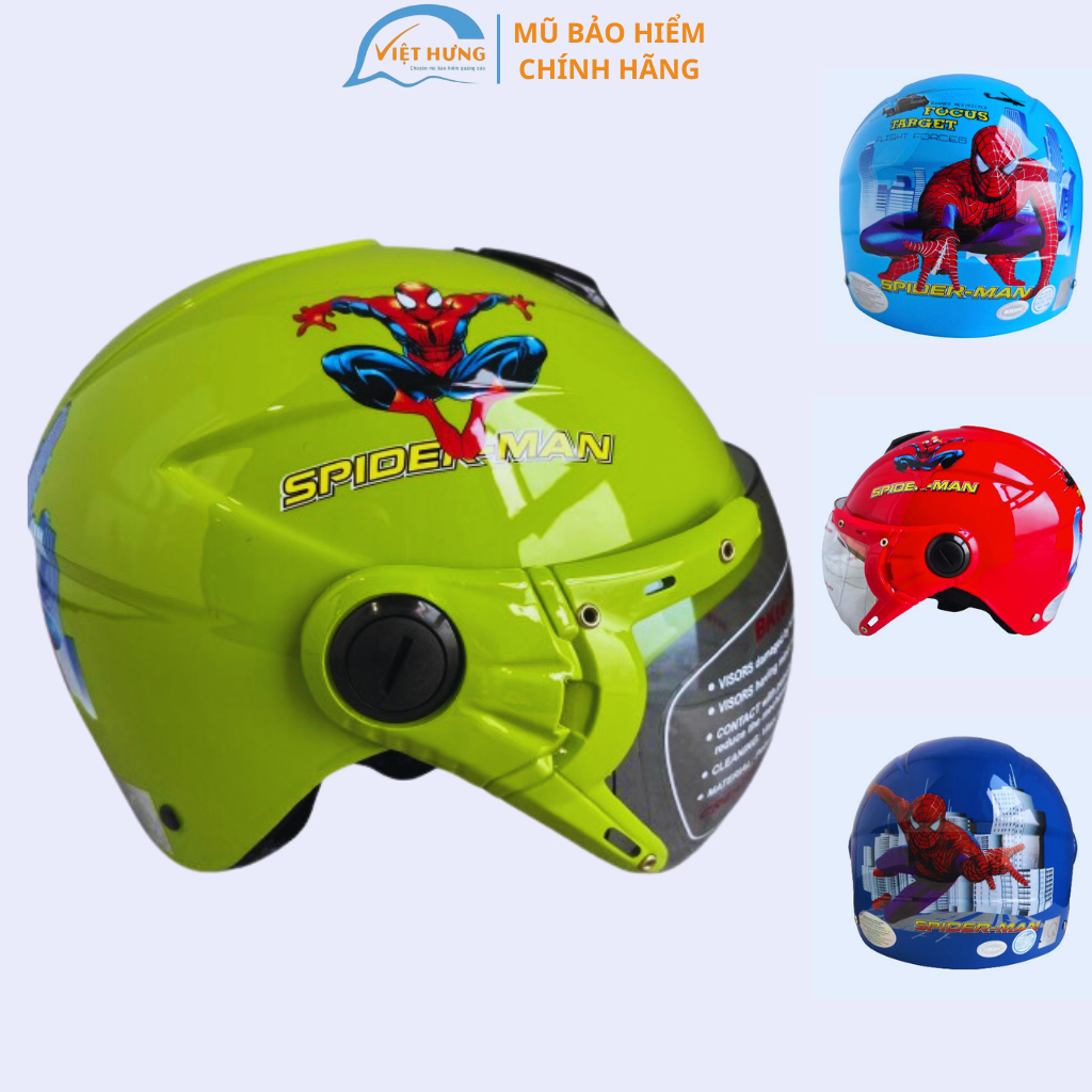 Mũ bảo hiểm trẻ em BKtec - BK14 tem Spider Man - dành cho bé từ 5 đến 10 tuổi, bé nặng dưới 30kg - Vòng đầu từ 52-54cm