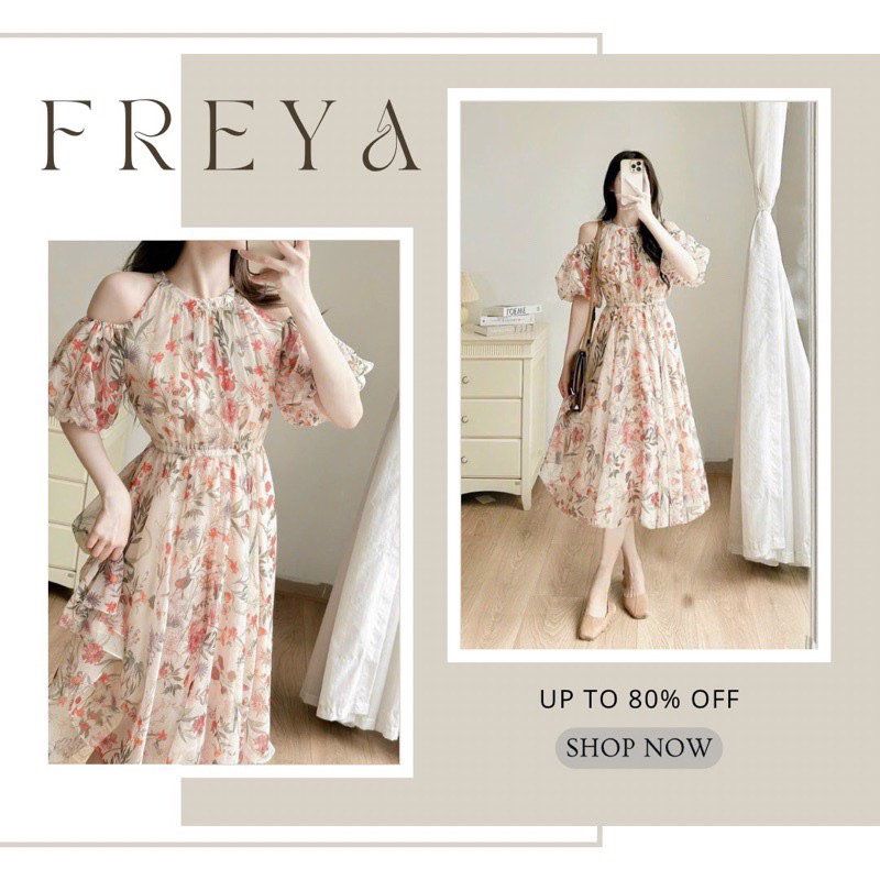 🛍Đầm váy nữ 🛍Đầm cổ yếm trễ vai hoa nhí xinh xắn,Váy bo eo dáng midi cổ yếm màu hồng hoa nhí,váy dự tiệc sang trọng