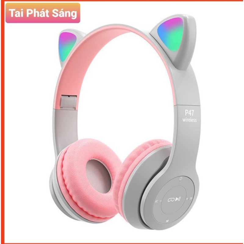 Tai Nghe Mèo Bluetooth P47M, Tai Mèo Dễ Thương Có Mic, Âm Bass Mạnh Mẽ Nghe Nhạc Cực Hay Bảo Hành 1 Năm