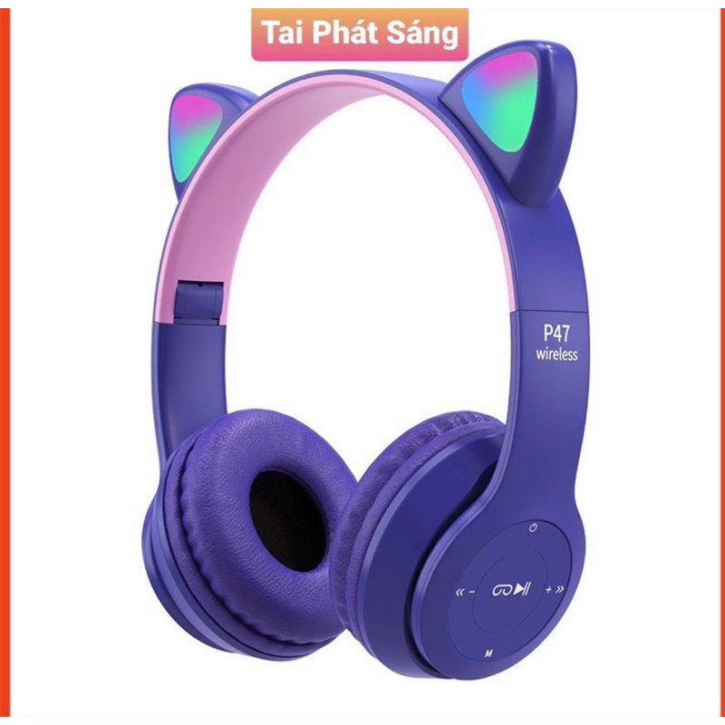 Tai Nghe Mèo Bluetooth P47M, Tai Mèo Dễ Thương Có Mic, Âm Bass Mạnh Mẽ Nghe Nhạc Cực Hay Bảo Hành 1 Năm