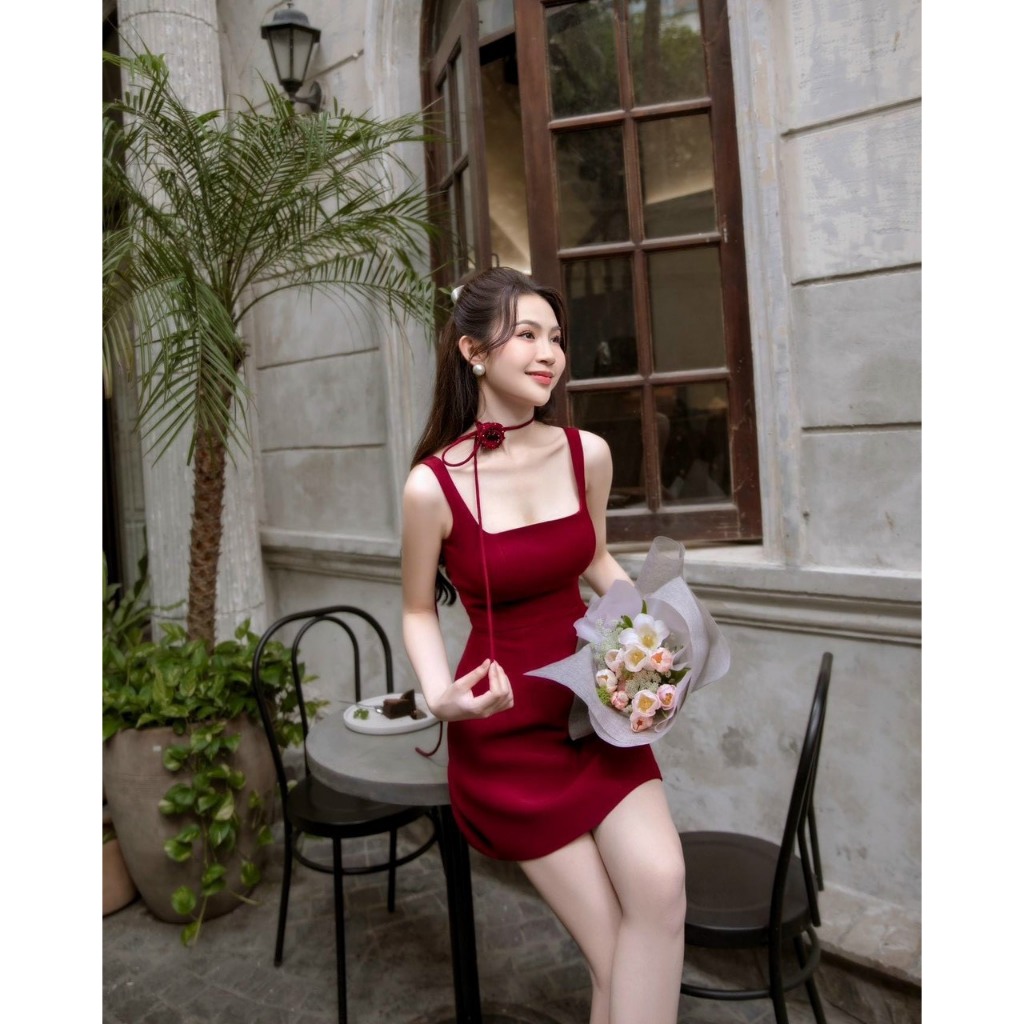 Váy Đầm dự tiệc nữ, hai dây dáng ngắn, kèm dây bông siêu xinh