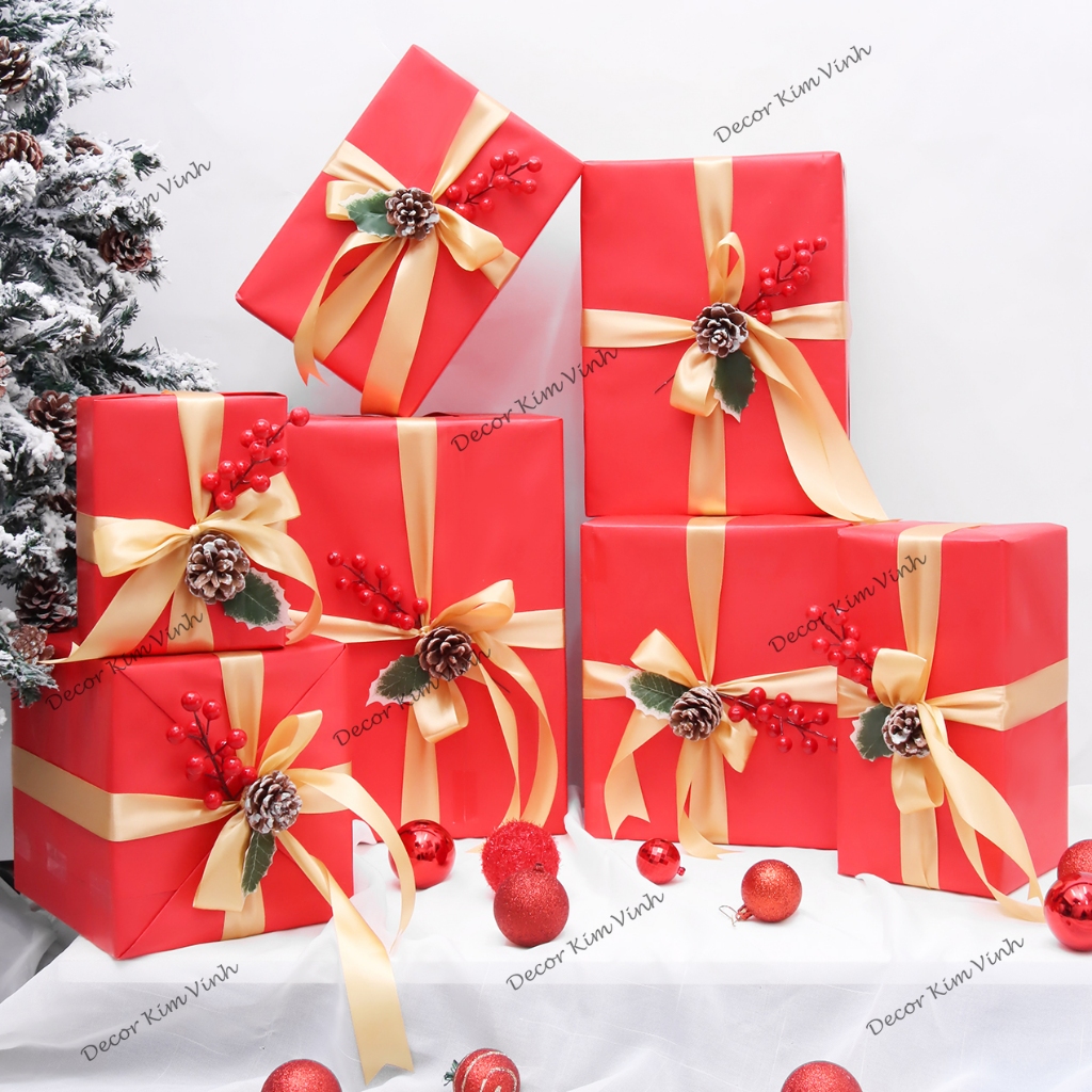 Set Vật Liệu Làm Hộp Quà Giáng Sinh SETQUA07 Đỏ Nơ Vàng Hộp Quà Noel Trang Trí Giáng Sinh