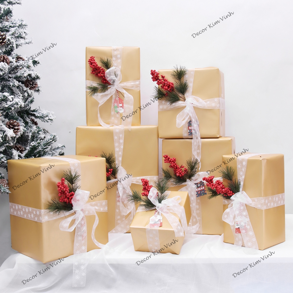 Set Vật Liệu Làm Hộp Quà Giáng Sinh SETQUA08 Nơ Trắng Hộp Quà Noel Trang Trí Giáng Sinh