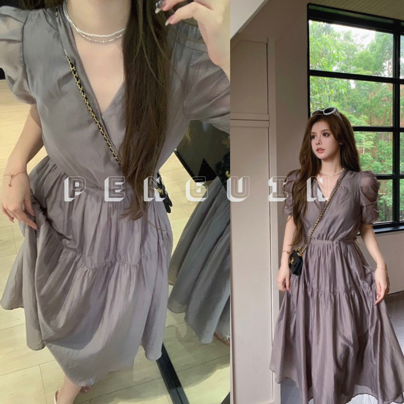 Đầm váy xám cổ V tay phồng eo siết dây kiểu Pháp hàng Taobao [D33]