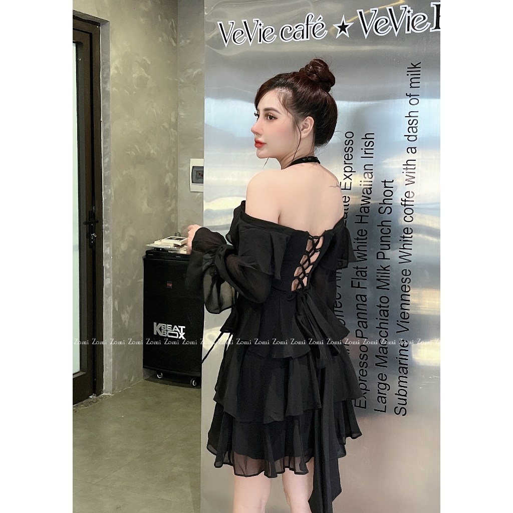Đầm cổ yếm trễ vai xèo tầng điệu đà thiết kế ZOMI D9546