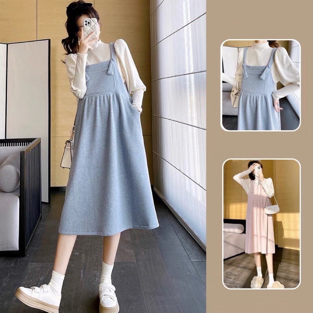 Váy bầu thu đông dáng yếm trẻ trung chất nỉ tăm mềm đẹp dáng suông siêu điệu đà   V403