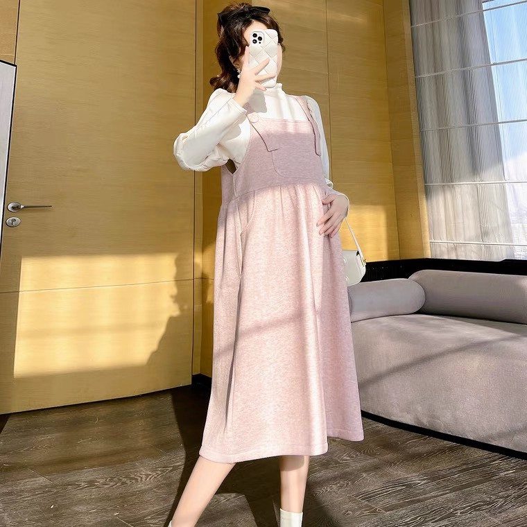 Váy bầu thu đông dáng yếm trẻ trung chất nỉ tăm mềm đẹp dáng suông siêu điệu đà   V403