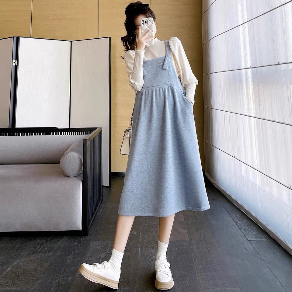 Váy bầu thu đông dáng yếm trẻ trung chất nỉ tăm mềm đẹp dáng suông siêu điệu đà   V403