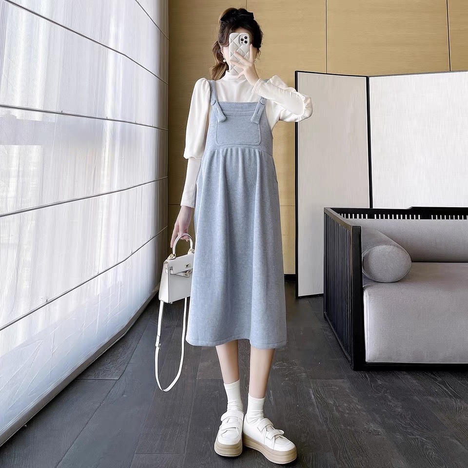 Váy bầu thu đông dáng yếm trẻ trung chất nỉ tăm mềm đẹp dáng suông siêu điệu đà   V403