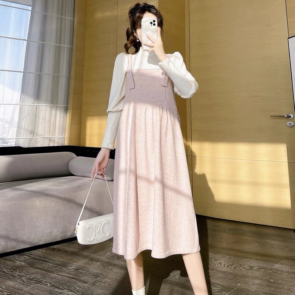 Váy bầu thu đông dáng yếm trẻ trung chất nỉ tăm mềm đẹp dáng suông siêu điệu đà   V403