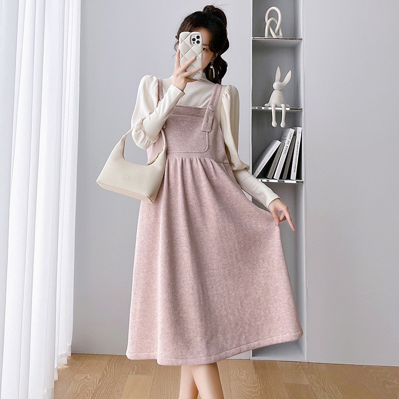 Váy bầu thu đông dáng yếm trẻ trung chất nỉ tăm mềm đẹp dáng suông siêu điệu đà   V403