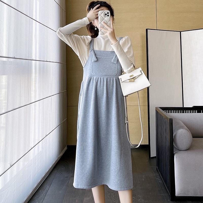 Váy bầu thu đông dáng yếm trẻ trung chất nỉ tăm mềm đẹp dáng suông siêu điệu đà   V403