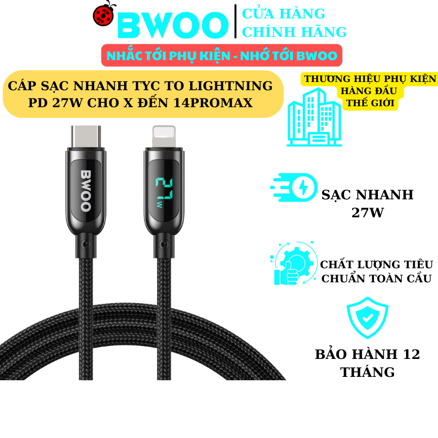 Dây sạc nhanh 27w chính hãng BWOO cáp bọc dù báo đèn dùng cho 14 13 12pro 11promax xsmax