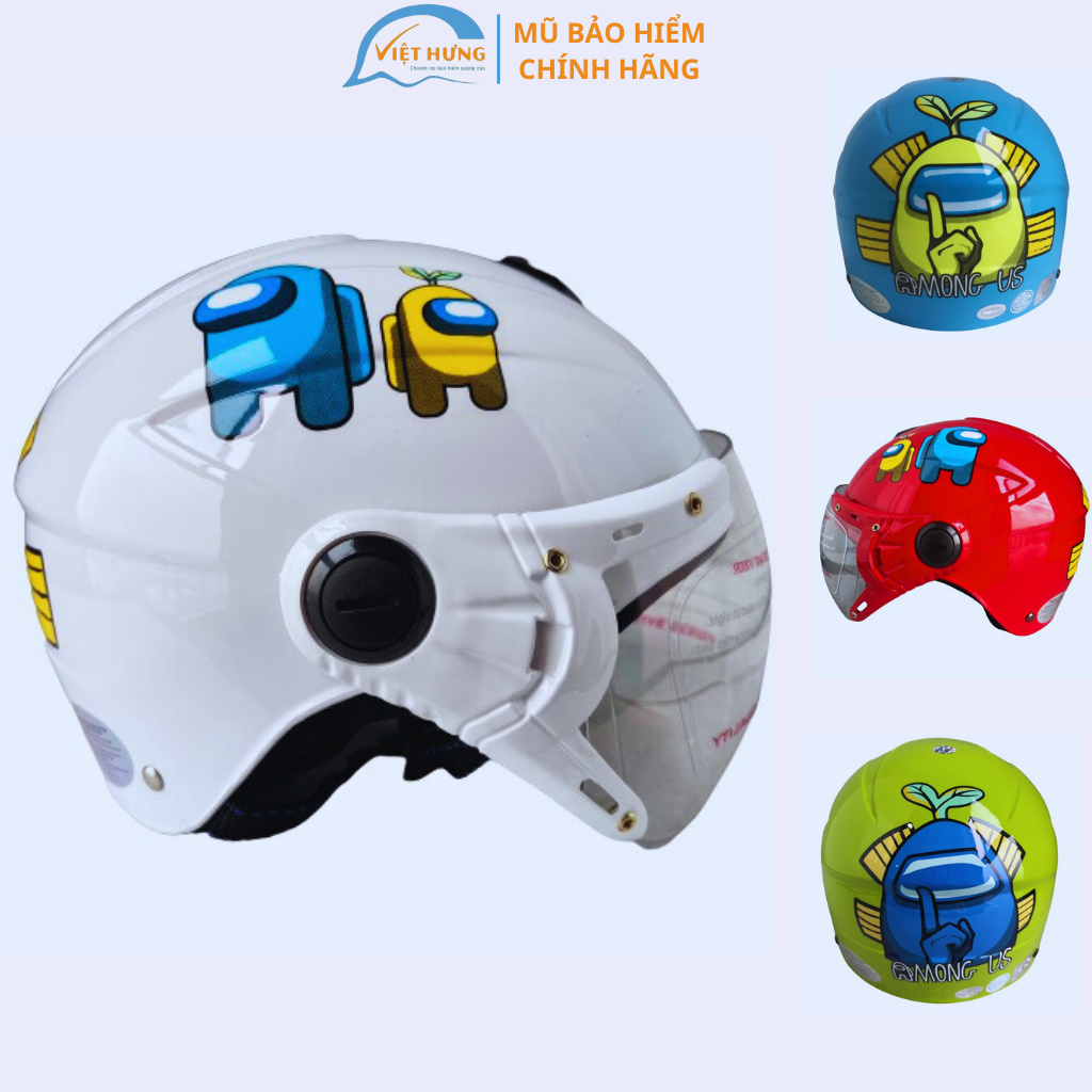 Mũ bảo hiểm trẻ em nửa đầu có kính cho bé từ 5 đến10 tuổi - Vòng đầu 52-54cm - Bé nặng dưới 30Kg- Bktec BK14 - Among Us