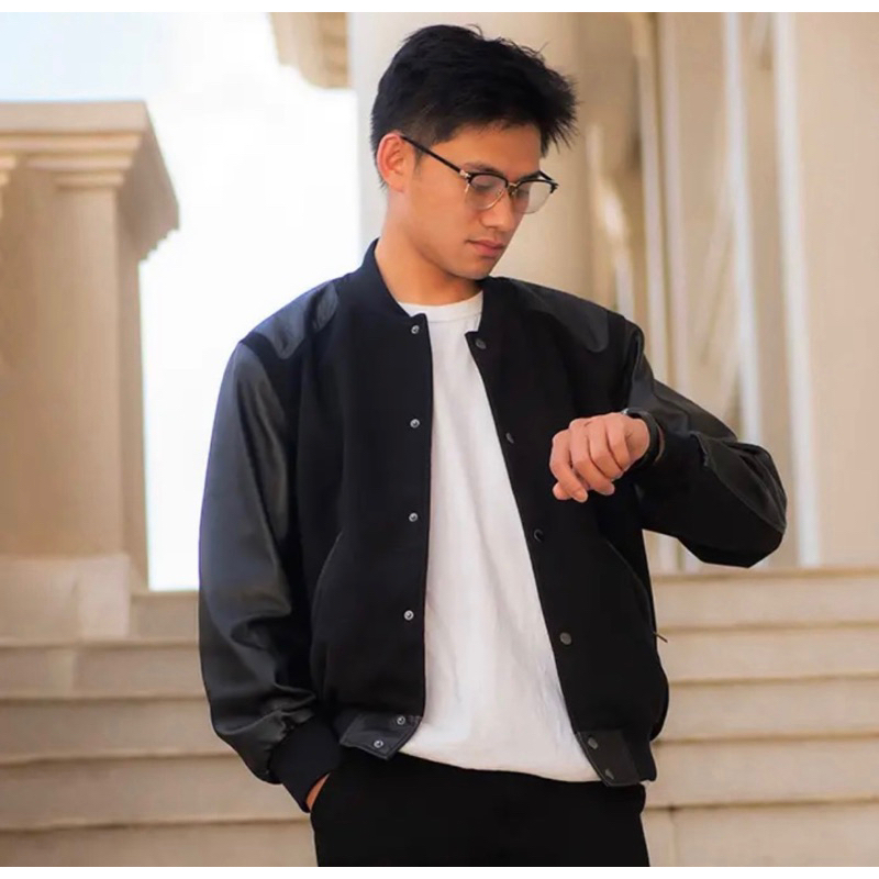 Áo khoác bomber nam nữ có họa tiết nỉ pha da ba màu khoá cúc bấm thời trang phong cách giới trẻ có size từ s đến xl