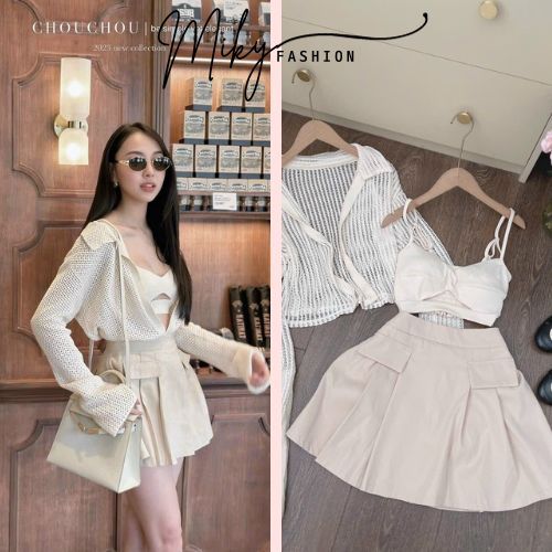 Set Bộ Đồ Nữ Áo Croptop Kèm Áo Khoác Và Chân Váy Sếp Ly Siêu Sang Đi Biển Đi Chơi