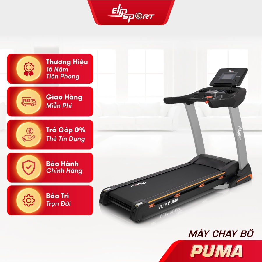 Máy Chạy Bộ ELIP Puma - Công suất Max 4.5HP, Giảm xóc 8 lò xo êm ái, Nâng dốc tự động, Gấp gọn, Tốc độ 18km/h