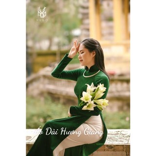 Áo dài nhung trơn màu xanh sang trọng- Áo Dài Hương Giang-A10.9-chất liệu nhung mềm mịn, co dãn tốt