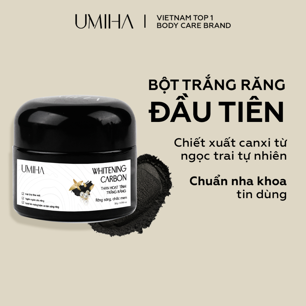 Trắng răng than Ngọc Trai UMIHA (30g) - Bột trắng răng thành phần Than hoạt tính, Canxi, Bột than tre