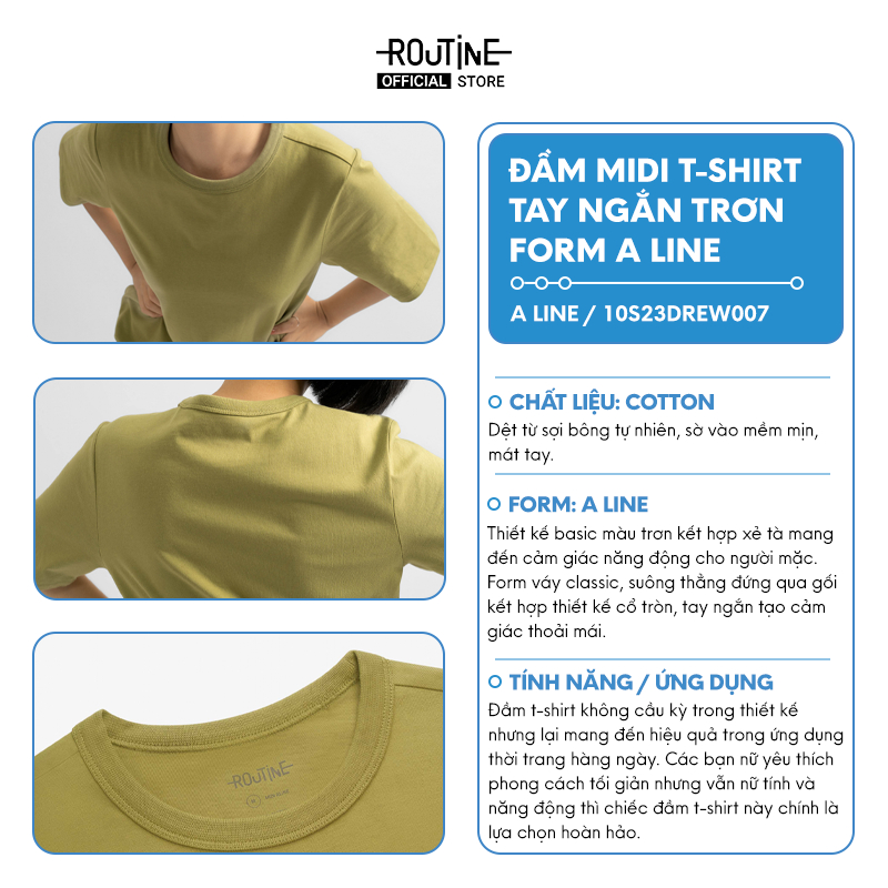 Đầm Midi Kiểu T- Routineshirt Tay Ngắn Trơn Form A Line - Routine 10S23DREW007