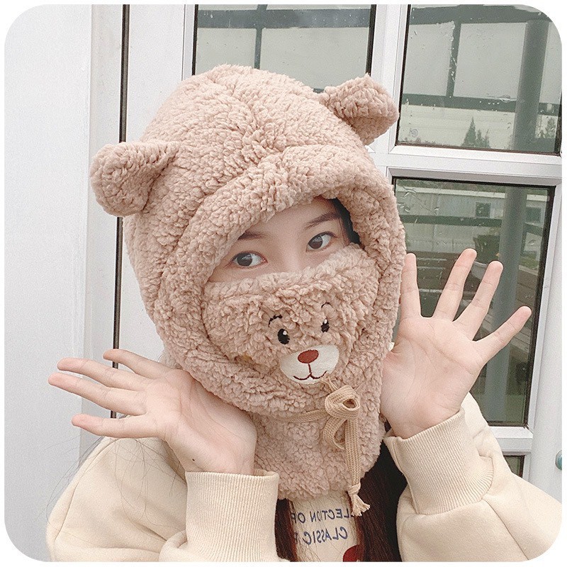 Mũ Len Tai Gấu Lông Mềm Bluehope có khẩu trang siêu xinh đáng yêu mẫu mới nhất mùa đông 2021 MN10