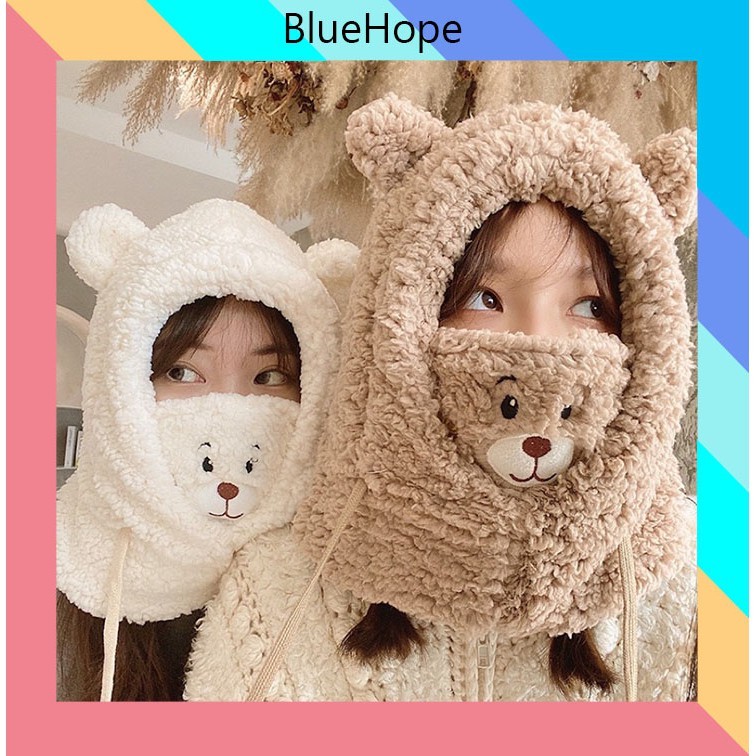 Mũ Len Tai Gấu Lông Mềm Bluehope có khẩu trang siêu xinh đáng yêu mẫu mới nhất mùa đông 2021 MN10