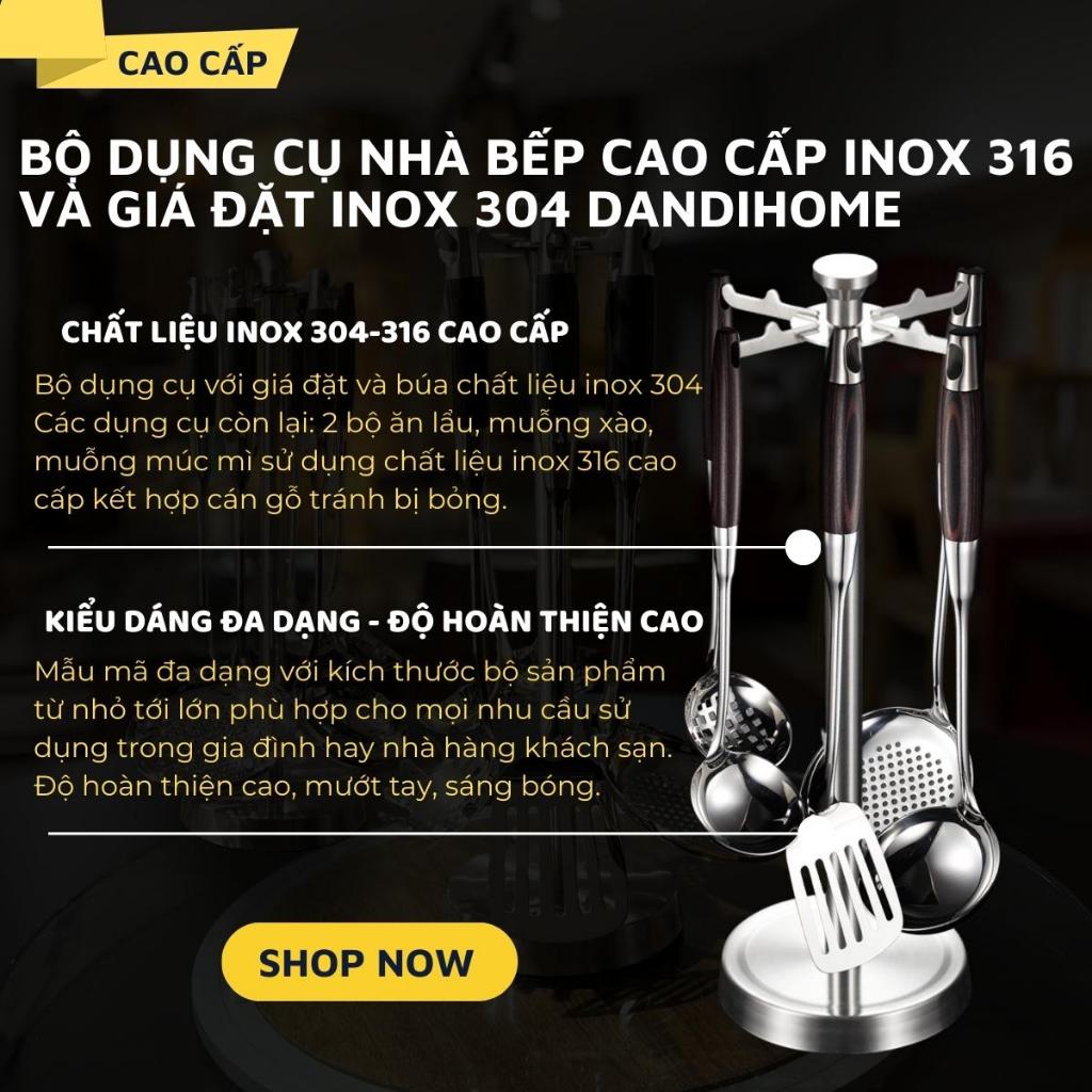 Bộ dụng cụ nhà bếp inox 316 và giá đặt inox 304 DandiHome cao cấp, sang trọng