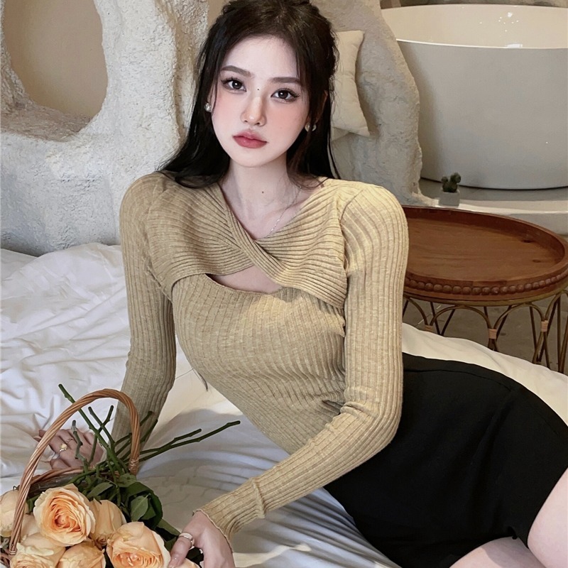 Áo len nữ tay dài kiểu xoắn ngực đẹp LUHAZO dệt kim dáng ôm Quảng Châu phong cách Hàn Quốc H-1