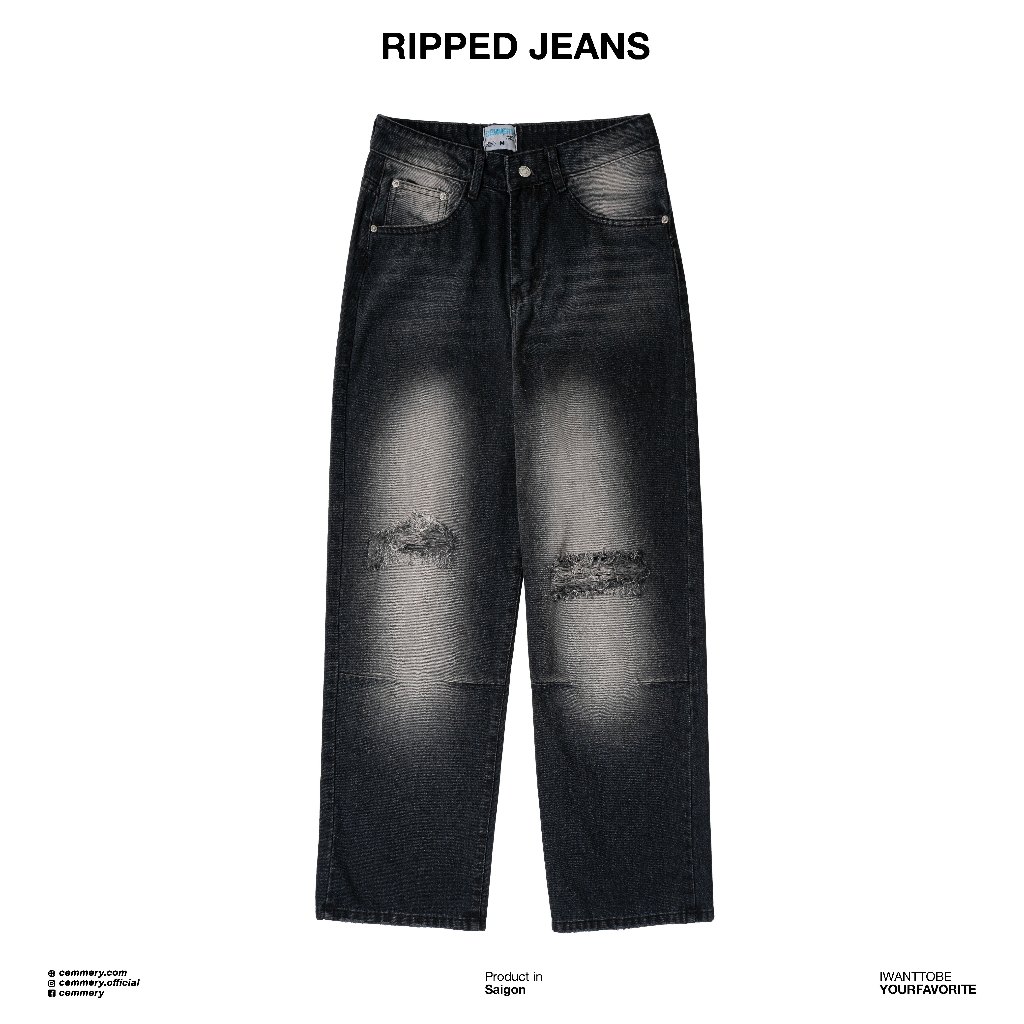 Quần Jeans CEMMERY Local Brand Ripped Black, quần form rộng unisex nam nữ