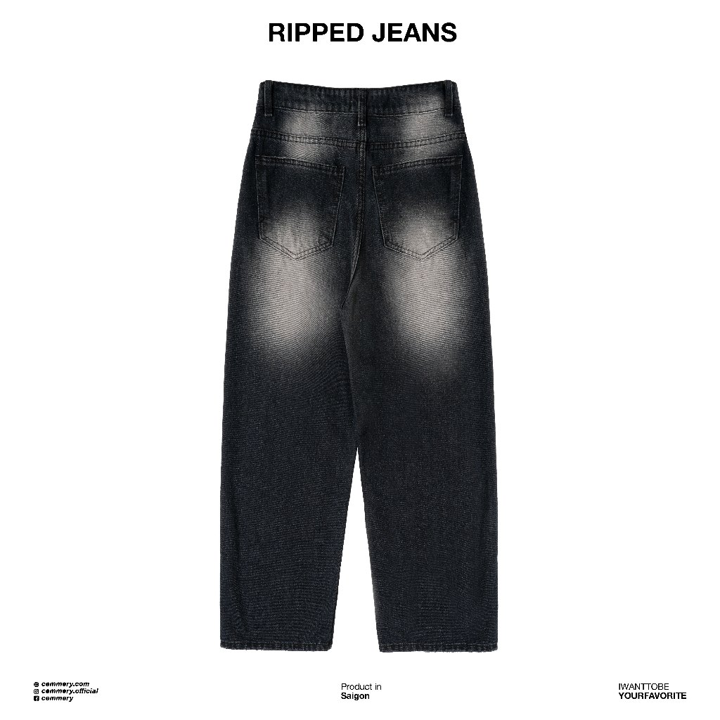 Quần Jeans CEMMERY Local Brand Ripped Black, quần form rộng unisex nam nữ