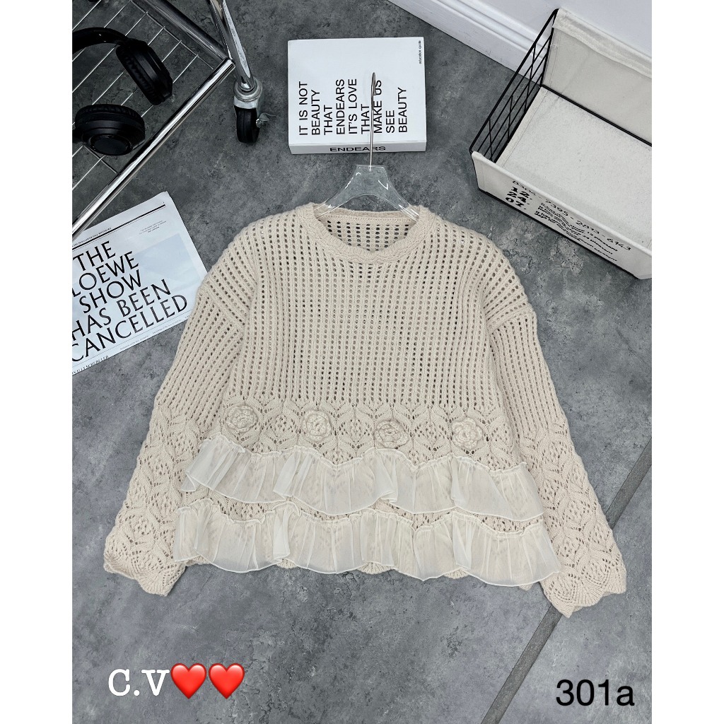 Áo len babydoll phối viền bèo kèm đính bông hoa xinh hàng QCL1