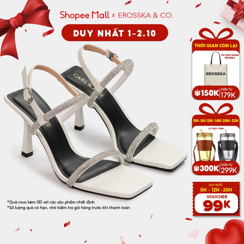 Carl & Ane - Giày sandal cao gót nữ mũi vuông đính đá sang trọng quai mảnh màu trắng - WD014