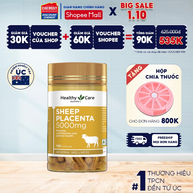 Viên uống nhau thai cừu Healthy Care Sheep Placenta 5000mg chống lão hóa, giúp da căng mịn 100 viên của Úc