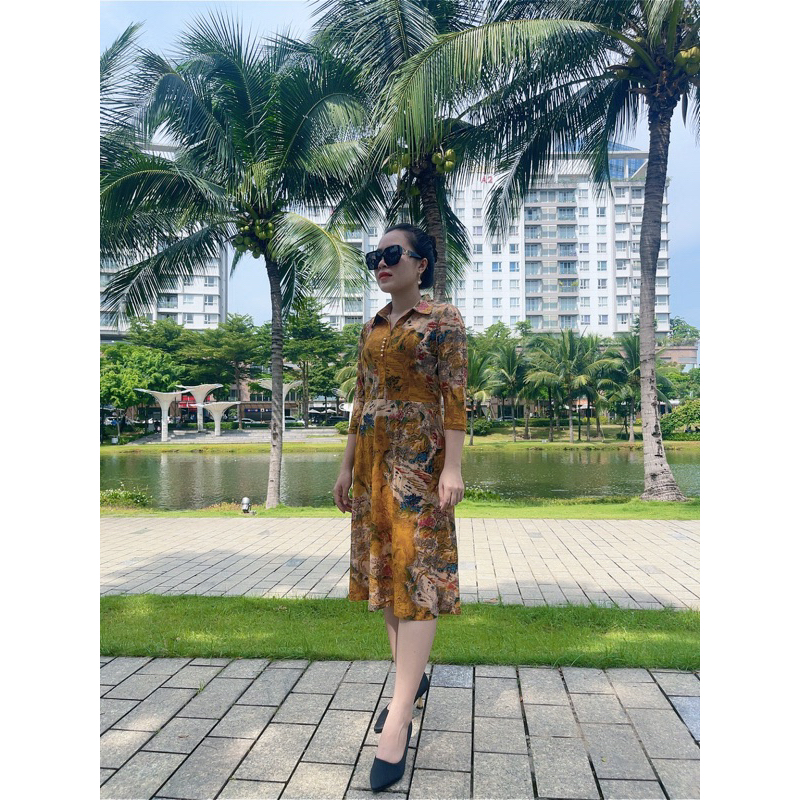 CÓ SẴN, 48-80KG Đầm trung niên tặng mẹ tay dài co giãn siêu thoải mái, váy trung niên dự tiệc, váy trung niên cổ polo