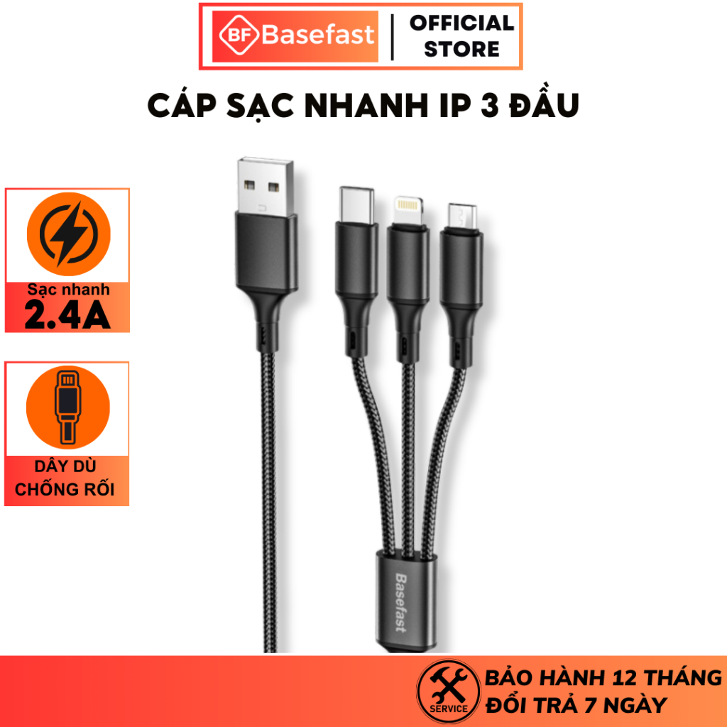 Dây sạc 3 đầu cao cấp Basefast CS33 - Cáp sạc nhanh đa năng 2.4A  bọc dù siêu bền thiết kế siêu đẹp chắc chắn
