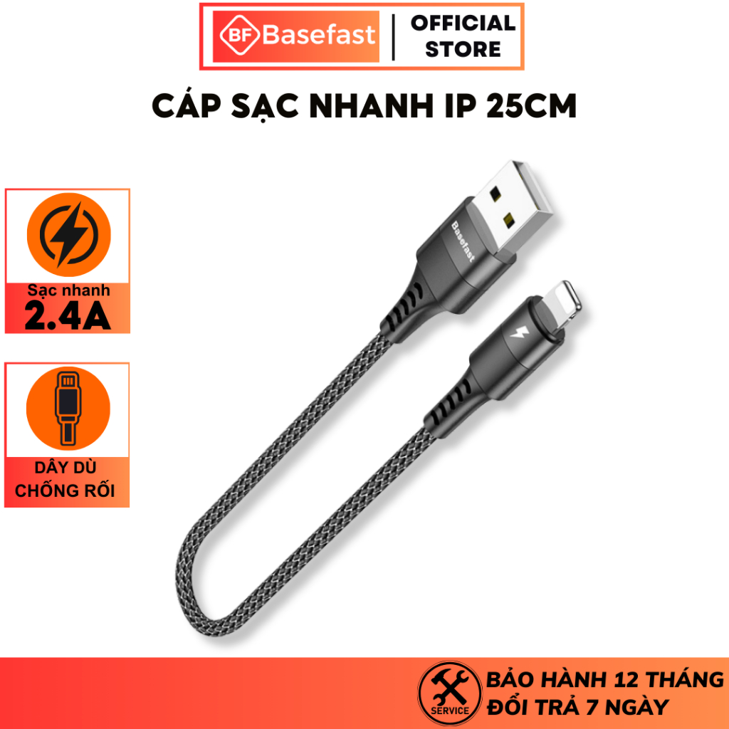 Cáp sạc nhanh 20W Basefast CS25 dây dù ngắn 25cm siêu bền dùng cho iP11 12 14 13promax siêu bền tiện lợi