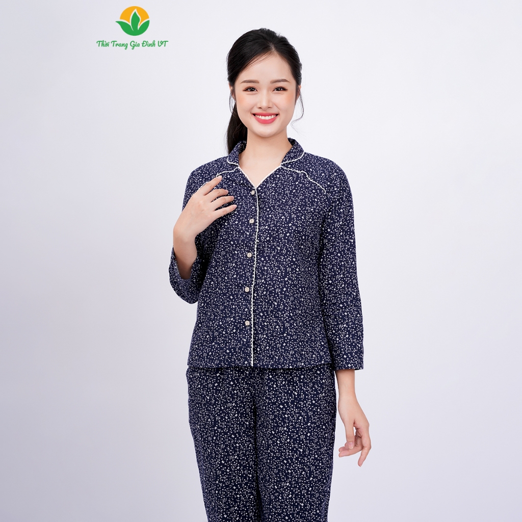 Đồ bộ mặc nhà  nữ chất cotton quần dài áo tay lỡ họa tiết - Thời trang gia đình VT B50.2104