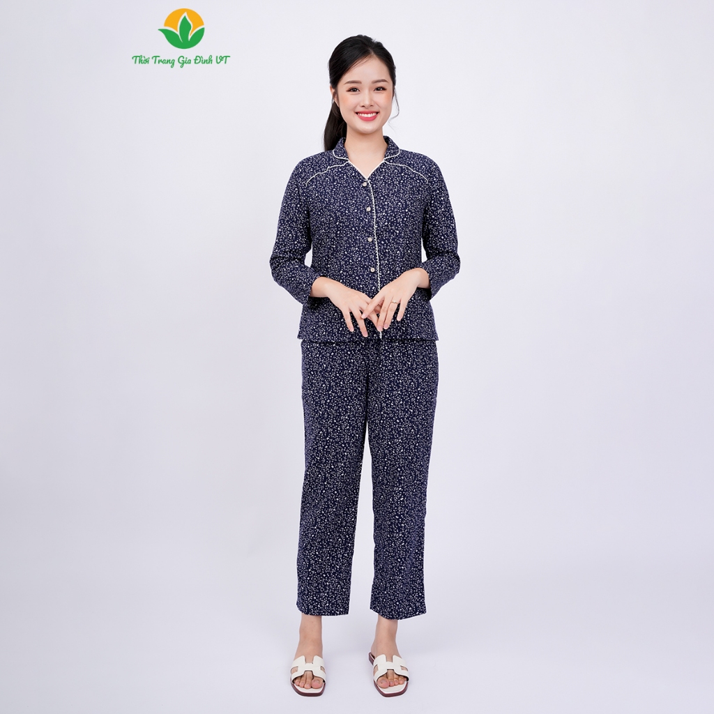 Đồ bộ mặc nhà  nữ chất cotton quần dài áo tay lỡ họa tiết - Thời trang gia đình VT B50.2104