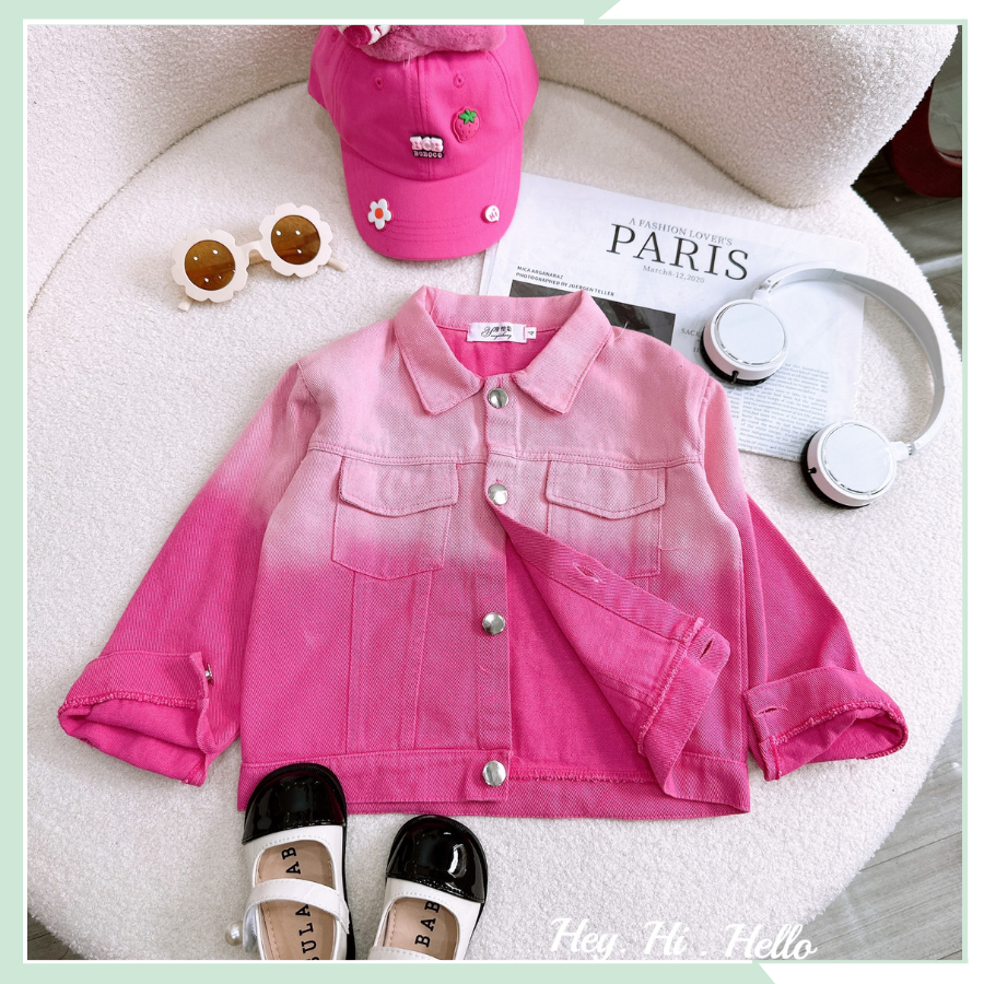 Áo khoác jean màu loang dài tay đính thỏ hạt cá tính, áo khoác denim thu đông cho bé gái AK13