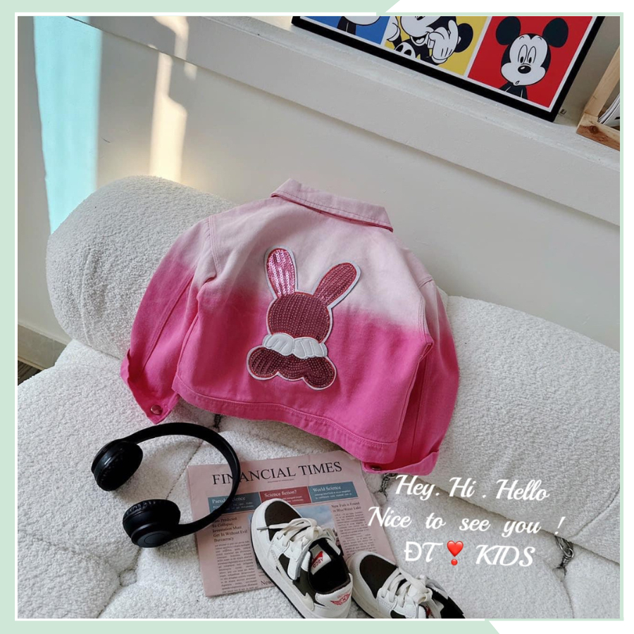 Áo khoác jean màu loang dài tay đính thỏ hạt cá tính, áo khoác denim thu đông cho bé gái AK13