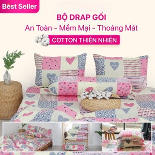 Bộ drap gối KHA LY - cotton thiên nhiên - Happy Love Hồng - VN242