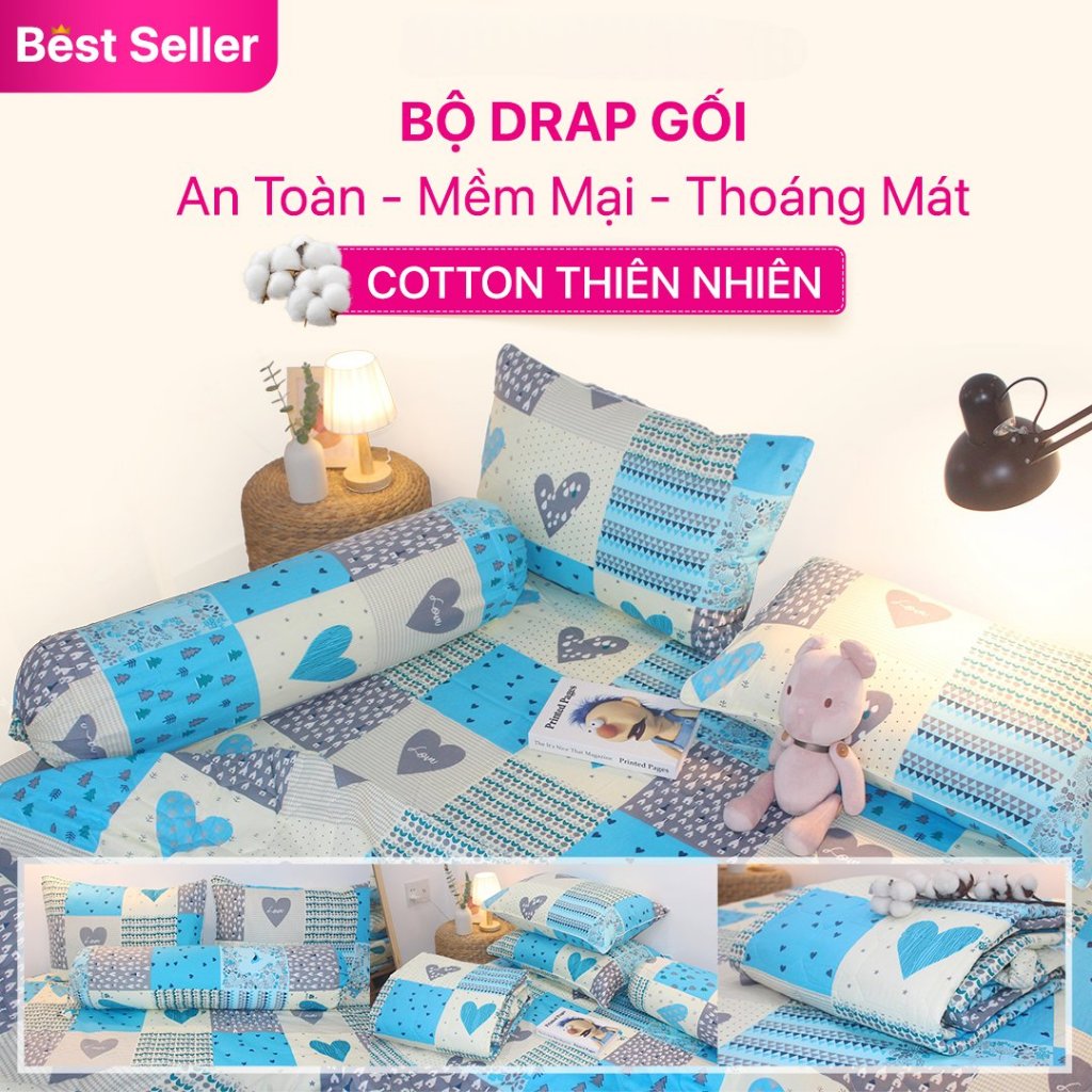 Bộ drap gối KHA LY - cotton thiên nhiên - Ô Vuông Tim Xanh - VN243